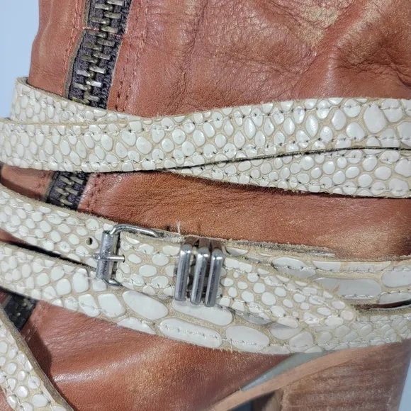 Freebird by Steven Balboa Tan Leather Ankle Boots Zippers Snakeskin Straps Sz 7