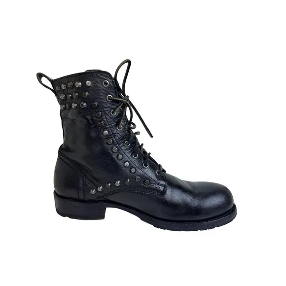 Frye Black Leather Studded Lace-Up Combat Boots 10.5D