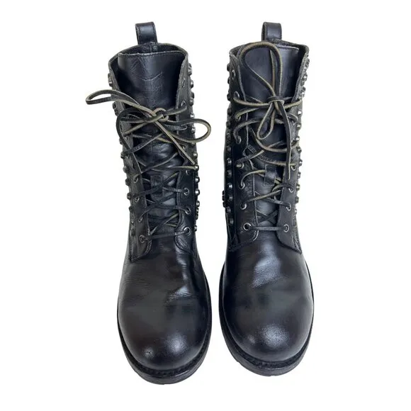 Frye Black Leather Studded Lace-Up Combat Boots 10.5D
