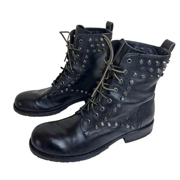 Frye Black Leather Studded Lace-Up Combat Boots 10.5D
