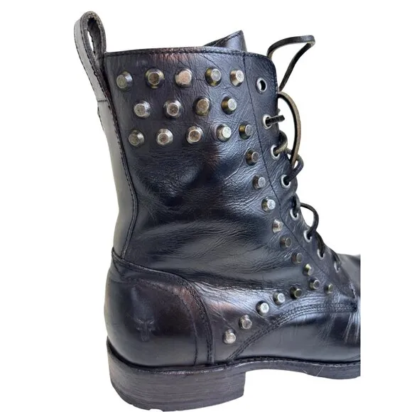 Frye Black Leather Studded Lace-Up Combat Boots 10.5D