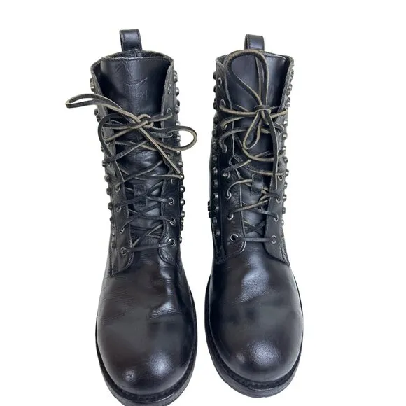 Frye Black Leather Studded Lace-Up Combat Boots 10.5D