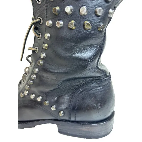 Frye Black Leather Studded Lace-Up Combat Boots 10.5D