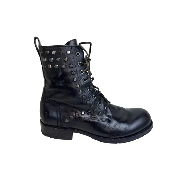 Frye Black Leather Studded Lace-Up Combat Boots 10.5D