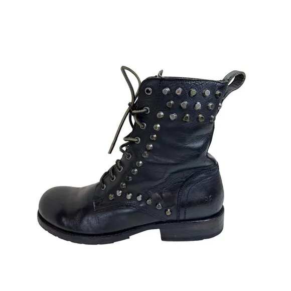 Frye Black Leather Studded Lace-Up Combat Boots 10.5D
