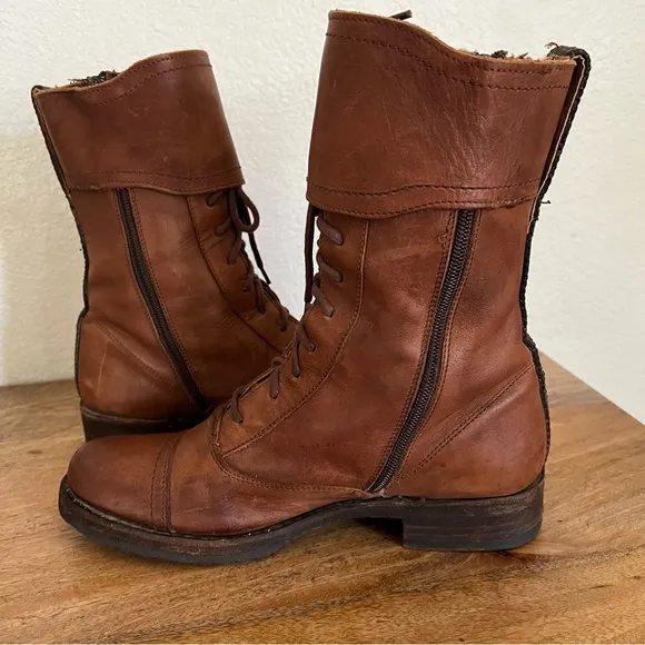 Frye Julie Shield Combat Brown Leather Boots Size 8.5 B