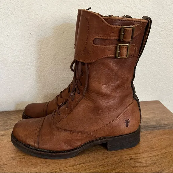 Frye Julie Shield Combat Brown Leather Boots Size 8.5 B