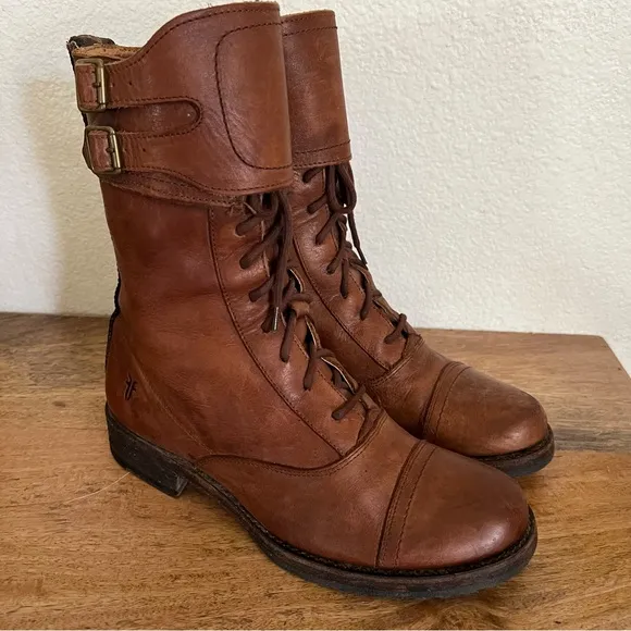 Frye Julie Shield Combat Brown Leather Boots Size 8.5 B