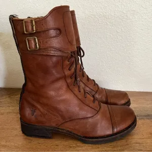 Frye Julie Shield Combat Brown Leather Boots Size 8.5 B