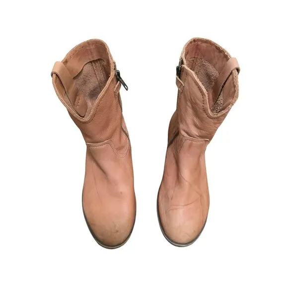 Frye Kids Tan Leather Ankle Boots With Side Zipper Closure &amp; Braided Detail Size
