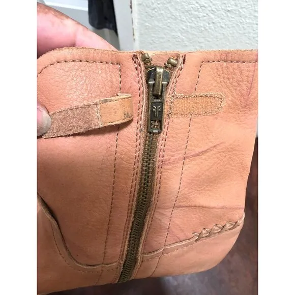 Frye Kids Tan Leather Ankle Boots With Side Zipper Closure &amp; Braided Detail Size