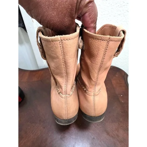 Frye Kids Tan Leather Ankle Boots With Side Zipper Closure &amp; Braided Detail Size