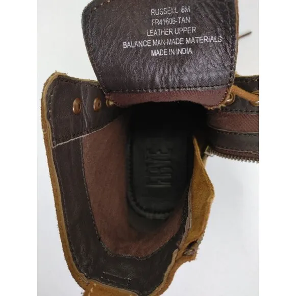 Frye Russell Tan Leather Suede Cap Toe Boots Lace / Side Zip Closure Sz Men's 8