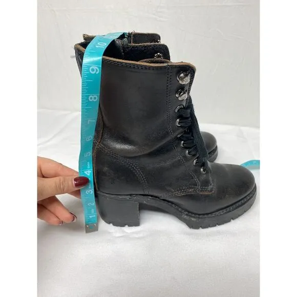 Frye Sabrina‎ Lace Up Heeled Ankle Boots Black Distressed Leather Wood  Size 6B