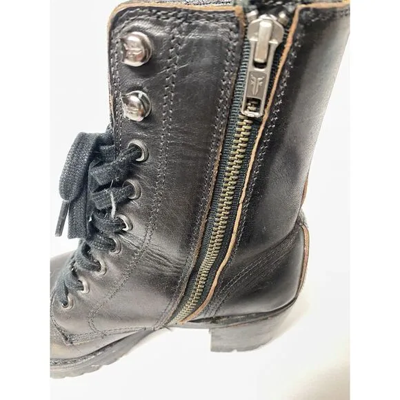 Frye Sabrina‎ Lace Up Heeled Ankle Boots Black Distressed Leather Wood  Size 6B