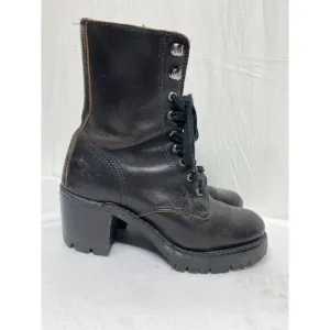Frye Sabrina‎ Lace Up Heeled Ankle Boots Black Distressed Leather Wood  Size 6B