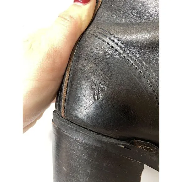 Frye Sabrina‎ Lace Up Heeled Ankle Boots Black Distressed Leather Wood  Size 6B