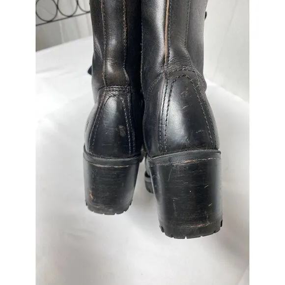 Frye Sabrina‎ Lace Up Heeled Ankle Boots Black Distressed Leather Wood  Size 6B