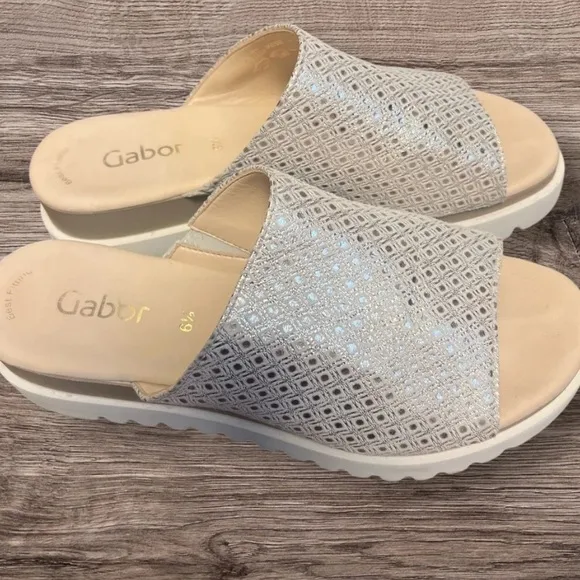 Gabor Women's Slide  Mules Sandals Leather Shimmering Silver 6.5