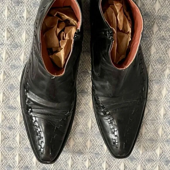 Ghost Hand-crafted Italian Leather‎ Ankle Boots Black Woven Detail Side Zip 42