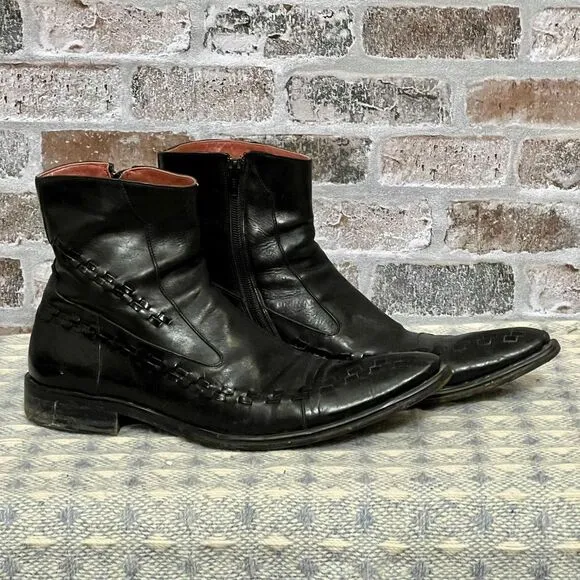 Ghost Hand-crafted Italian Leather‎ Ankle Boots Black Woven Detail Side Zip 42