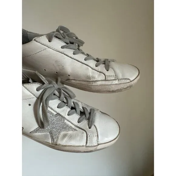 Golden Goose DB Superstar Sneakers - White with Gray Glitter Detail 39