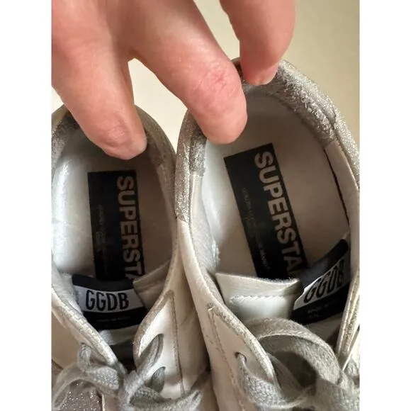Golden Goose DB Superstar Sneakers - White with Gray Glitter Detail 39