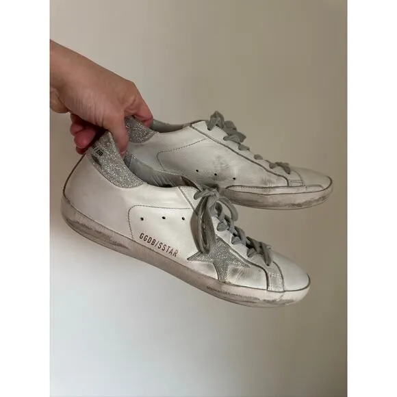 Golden Goose DB Superstar Sneakers - White with Gray Glitter Detail 39