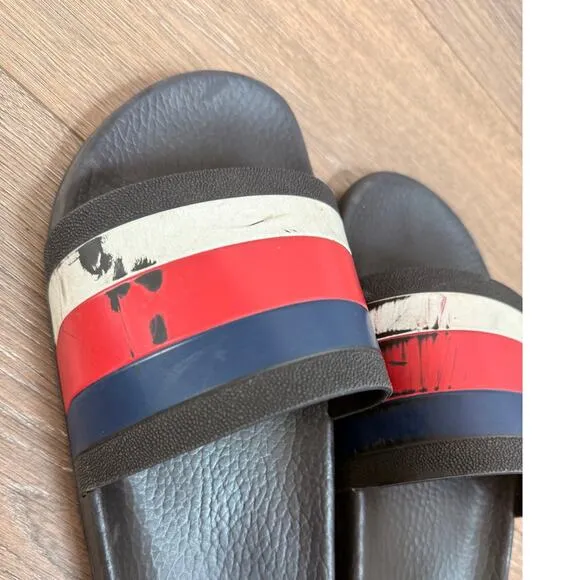 GUCCI 308234 Benassi Tricolor Color Shoes US 10 Shower Sandals Pool Rubber White