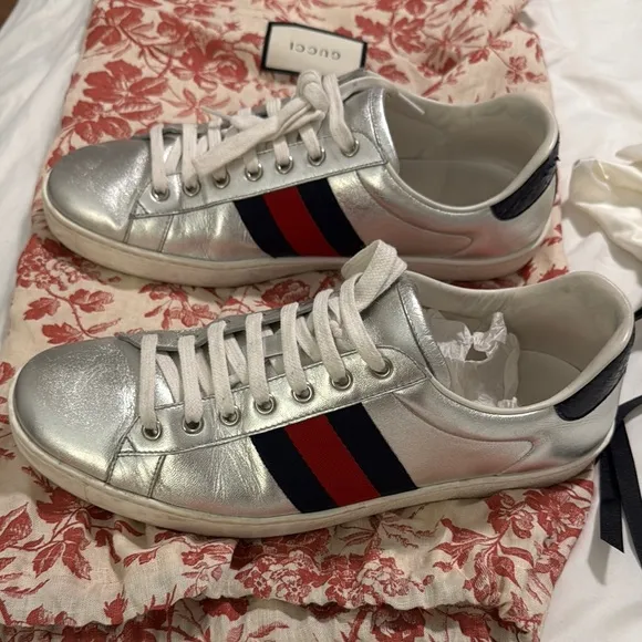 Gucci Silver Sneakers with Red and Blue Stripes