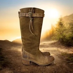 Guess Brown Leather  Knee-High Rustic Western Boots With Studded Strap Size 7.5M