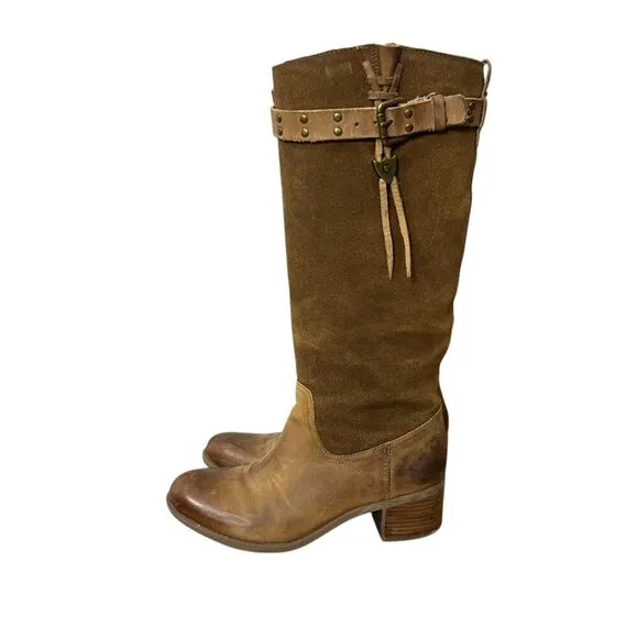 Guess Brown Leather  Knee-High Rustic Western Boots With Studded Strap Size 7.5M