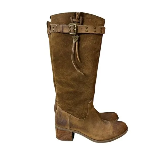 Guess Brown Leather  Knee-High Rustic Western Boots With Studded Strap Size 7.5M