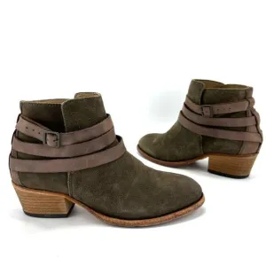 H By HUDSON “HORRIGAN” GREEN/BROWN LEATHER CUBAN HEEL HANDCRAFTED ANKLE BOOTS