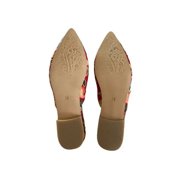 Handmade Embroidered Silk Rose Mules Slippers Shoes 39 - 8.5 Made in Turkey New