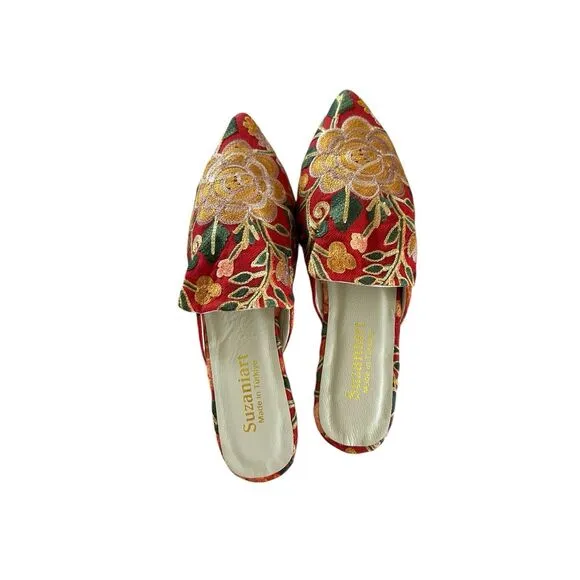 Handmade Embroidered Silk Rose Mules Slippers Shoes 39 - 8.5 Made in Turkey New