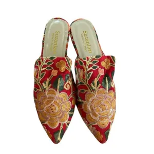 Handmade Embroidered Silk Rose Mules Slippers Shoes 39 - 8.5 Made in Turkey New