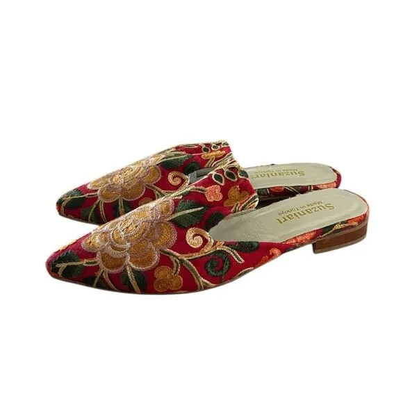 Handmade Embroidered Silk Rose Mules Slippers Shoes 39 - 8.5 Made in Turkey New