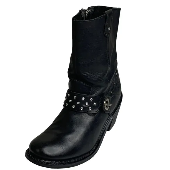 Harley Davidson Black Leather 3” Block Heel Moto Boots Rhinestone Band &amp; Rivets