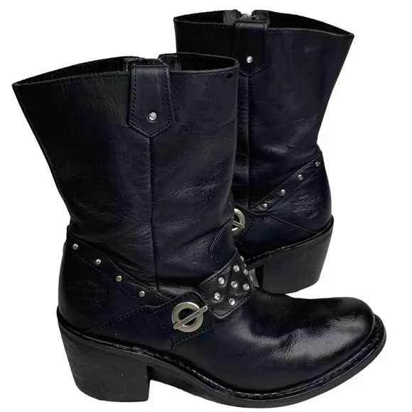 Harley Davidson Black Leather 3” Block Heel Moto Boots Rhinestone Band &amp; Rivets
