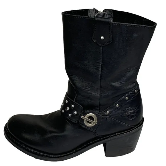 Harley Davidson Black Leather 3” Block Heel Moto Boots Rhinestone Band &amp; Rivets