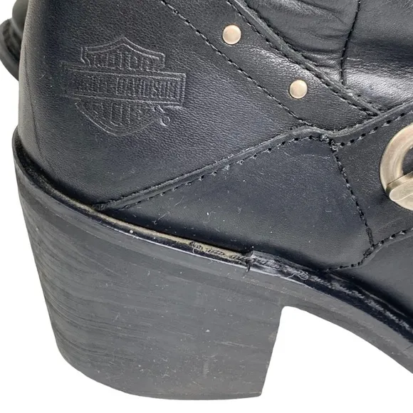 Harley Davidson Black Leather 3” Block Heel Moto Boots Rhinestone Band &amp; Rivets