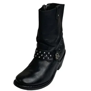 Harley Davidson Black Leather 3” Block Heel Moto Boots Rhinestone Band &amp; Rivets