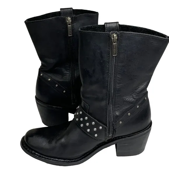 Harley Davidson Black Leather 3” Block Heel Moto Boots Rhinestone Band &amp; Rivets