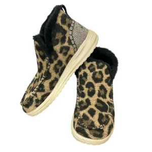 Hey Dude Denny Beige Leopard Animal Print Fur Ankle Bootie 6 Lightweight Comfy