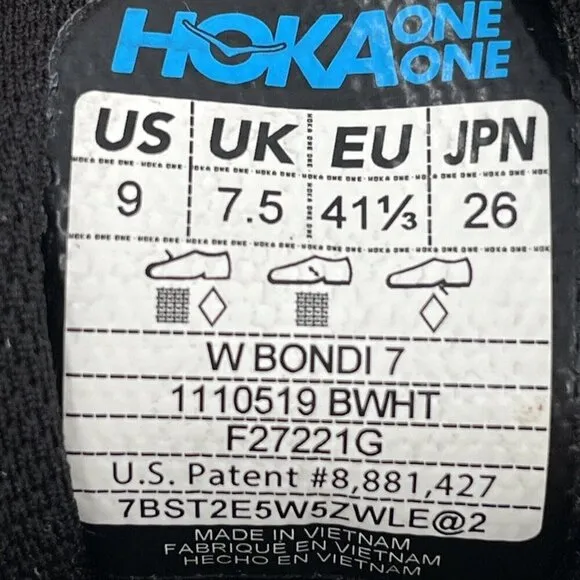 Hoka One One Sneakers Bondi 7 Women's 9 sz Black White Running Shoes 1110519BWHT