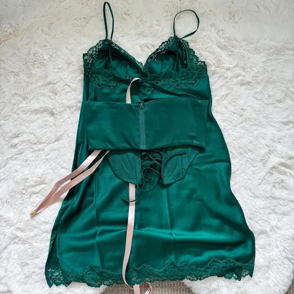 House of CB Corset Lace Satin Slip Dress S - Pine Green