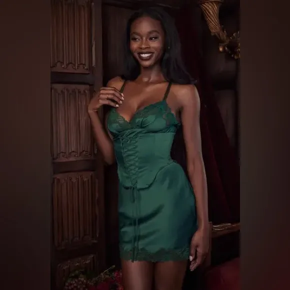 House of CB Corset Lace Satin Slip Dress S - Pine Green