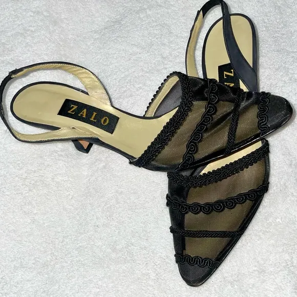 House of Zalo Designer Black Sheer Mesh Sling Back Heels Pumps Size 8 New