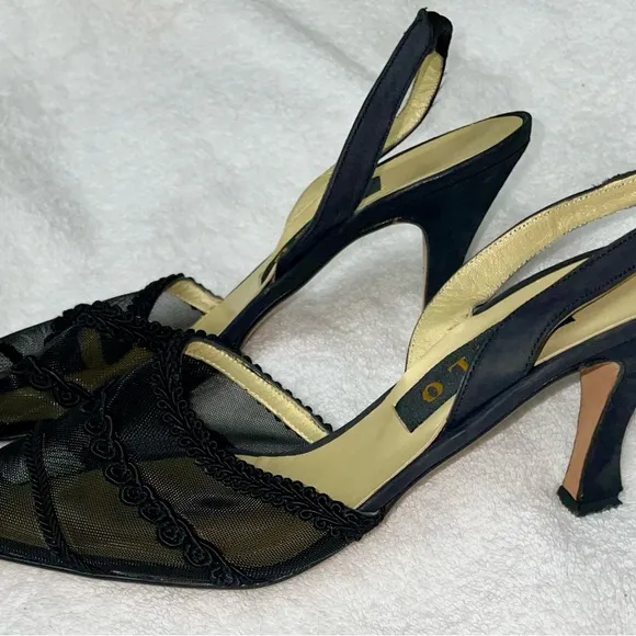 House of Zalo Designer Black Sheer Mesh Sling Back Heels Pumps Size 8 New